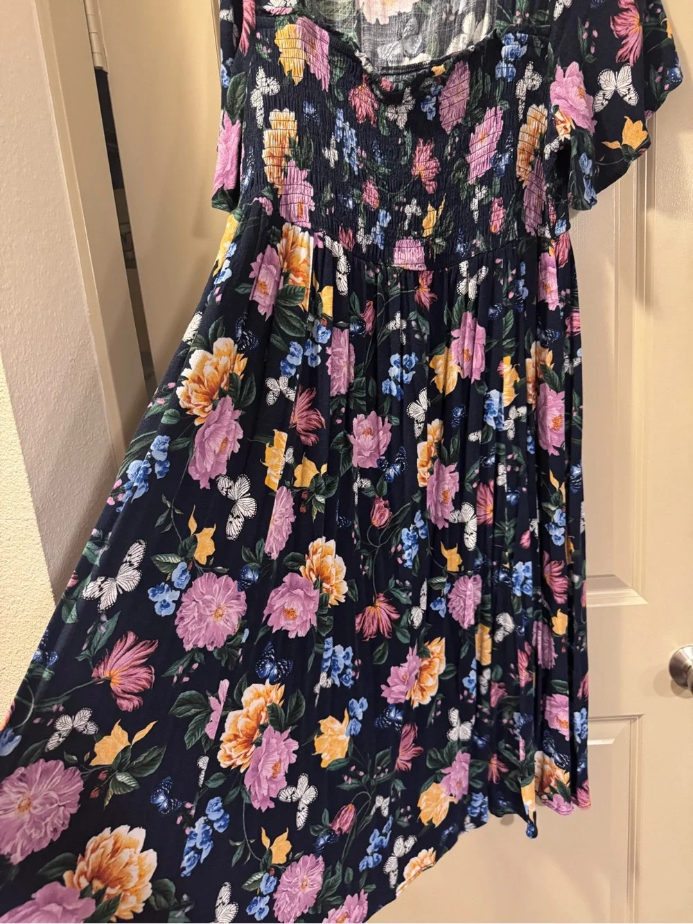 torrid Navy Floral Smocked Midi Dress with Pink, Yellow & Blue Blooms - Picture 5 of 6